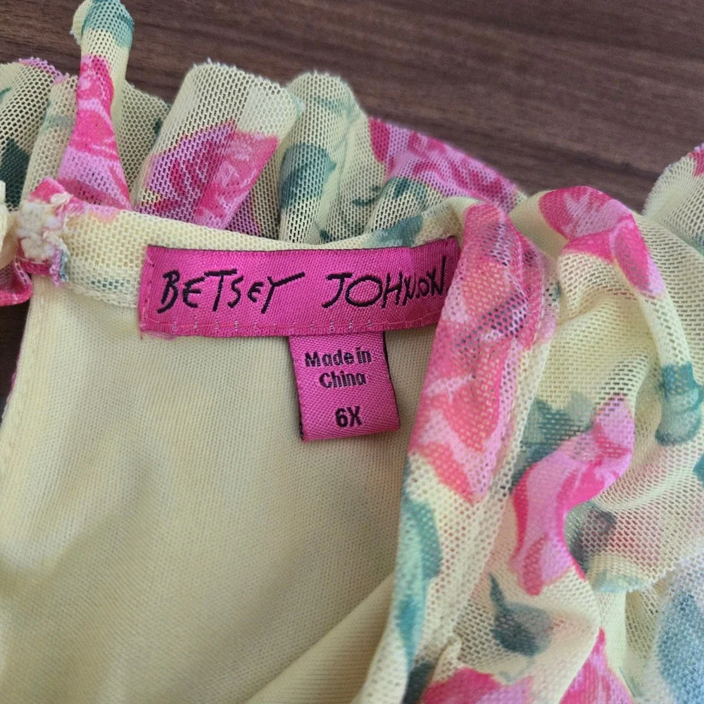 Betsey Johnson Girls Yellow Pink Floral‎ Mesh Tiered Dress Flutter Sleeve 6X